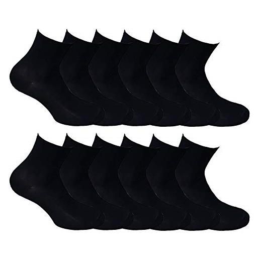 Fontana Calze, 12 paia di mini calza caviglia sanital senza molla in cotone filo di scozia elasticizzato (41-43, nero)