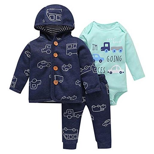amropi neonato ragazze 3 pezzi completini set caldo cappotti con cappuccio e pagliaccetti e pantaloni (blu bianco, 6-9 mesi)