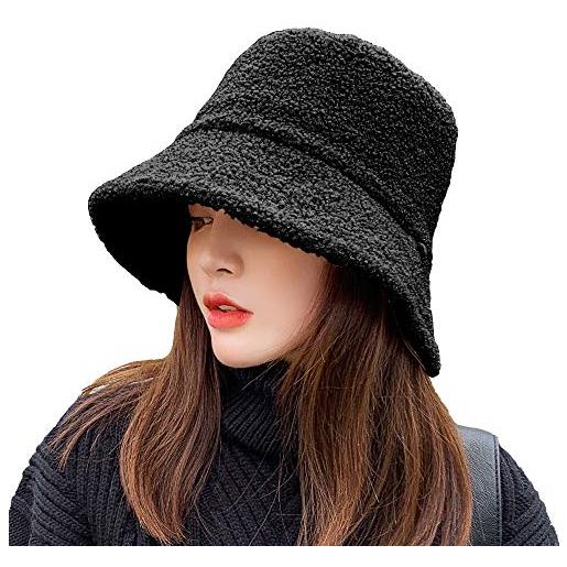 CHERISH cappello da pescatore invernale da donna, in lana di agnello, reversibile, caldo, cappello da bacino in stile orsacchiotto, nero , taglia unica