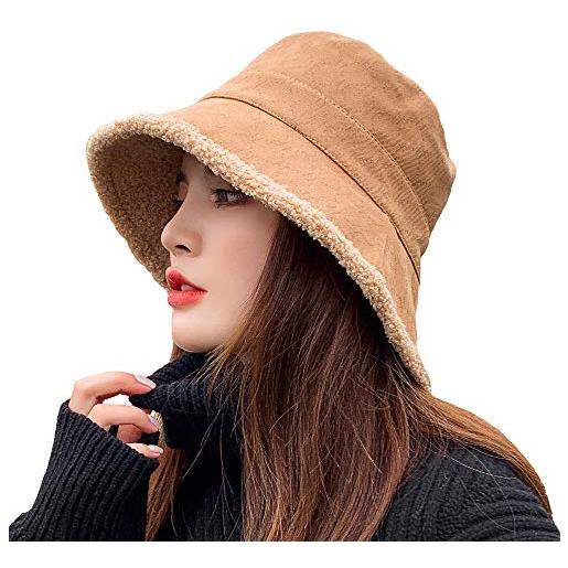 CHERISH cappello da donna a secchiello, cappello da pescatore in lana invernale reversibile carino caldo cappello da bacino stile orsacchiotto, cachi, taglia unica