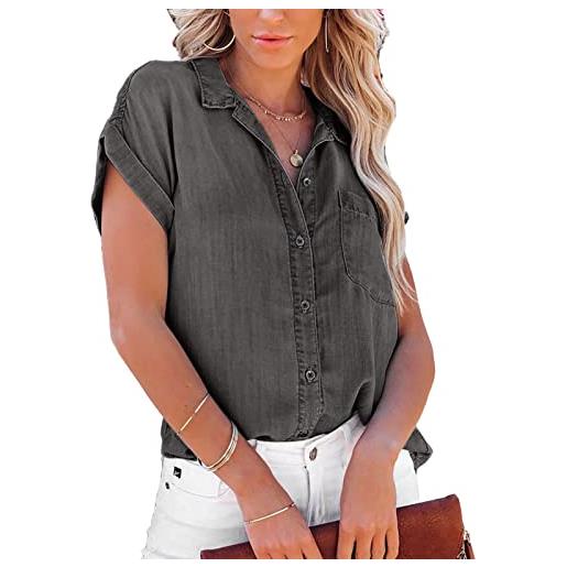 Cocoarm camicetta di jeans da donna camicetta da donna a maniche corte con risvolto con bottoni e camicia da taschino top da donna aderente (m)