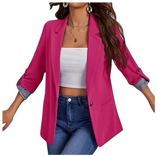 Cocoarm blazer aperto da donna, risvolto, manica lunga, giacca lunga, elegante giacca da lavoro, vestibilità slim, giacca da abito alla moda, cappotto semplice, giacca di transizione, cardigan(l-rosa rossa)