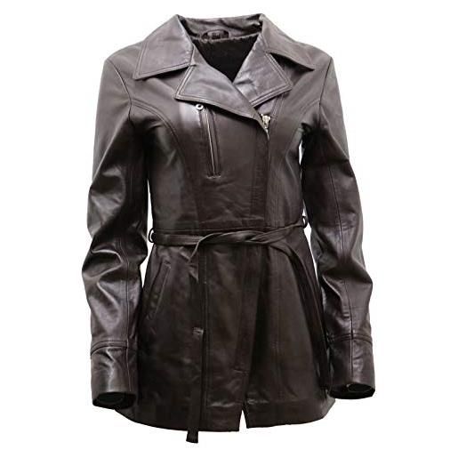 Infinity Leather giacca da motociclista lunga in pelle nera con cintura in nappa da donna 20