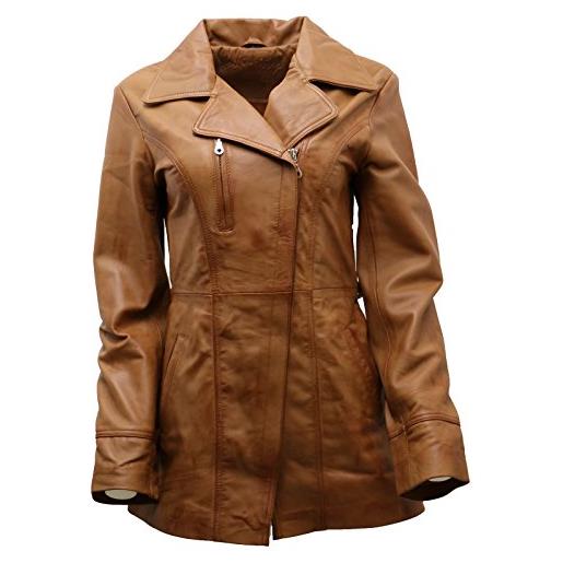 Infinity Leather giacca da motociclista lunga in pelle marrone con cintura in nappa da donna 20