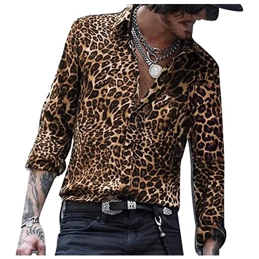 YAODAMAI camicia a maniche lunghe da uomo con stampa leopardata camicia casual a maniche lunghe casual con risvolto per le vacanze