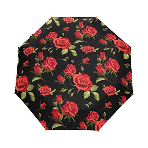 GAIREG ombrello da viaggio automatico con rose rosse floreali su ombrello da viaggio antivento per zaino, borsa, auto