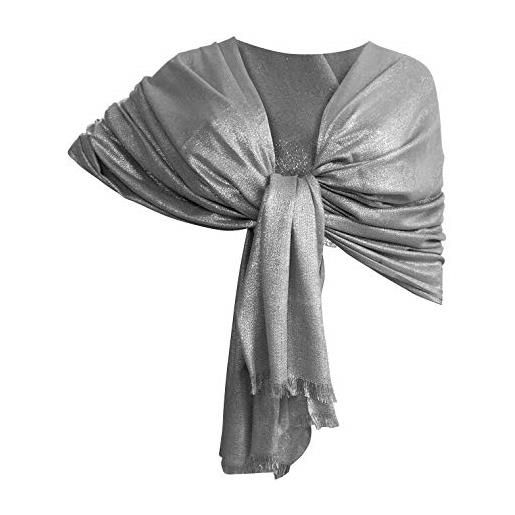 LTP brillante elegante maxi sciarpa filo oro o argento scialle foulard, da donna ragazza coprispalle stola cerimonia 8 colori (grigio filo argento)