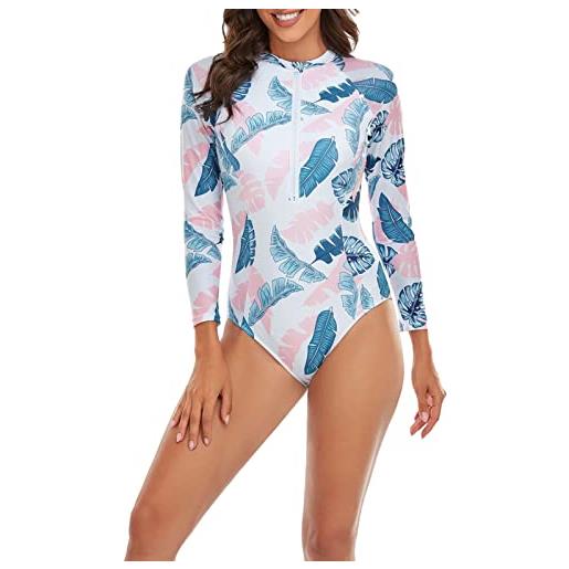 Ejoyous costume da bagno bikini a maniche lunghe da donna costume da bagno a triangolo stampato con giunzione ad asciugatura rapida costume da bagno da surf con(s 35-39-foglie blu rosa su sfondo bianco)