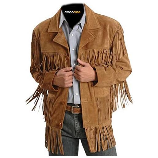 John Western Jackets giacca da uomo tradizionale da cowboy in pelle western, cappotto marrone con frange, giacca nativa americana scamosciata, s, nero, small