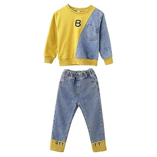 amropi 2 pcs set completo ragazze felpa + denim pantaloni jogging tuta sportiva giallo blu, 3-4 anni