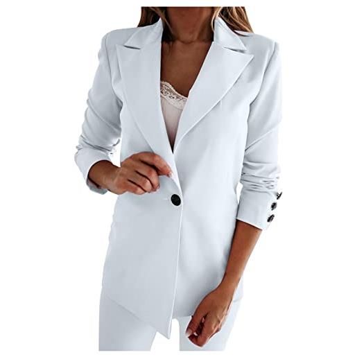 Komiseup blazer, giacca da donna elegante, leggera, a maniche lunghe, con risvolto, slim fit, tinta unita, casual, trench cappotto, per affari, ufficio, giacca longblazer, bianco, s