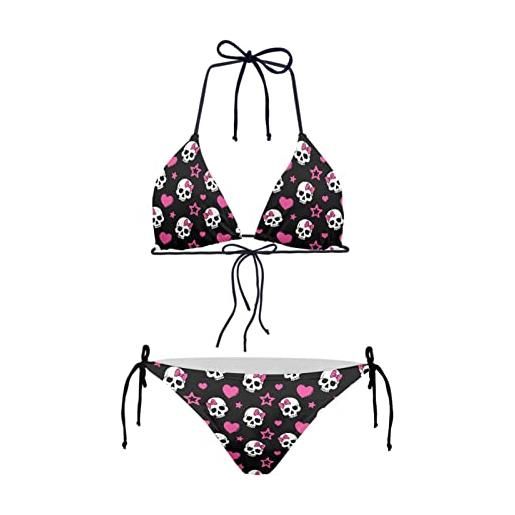 Howilath bikini 2 pezzi set triangolare imbottito costume da nuoto a vita bassa sexy bikini da spiaggia, hawaii ananas teschio, teschio zucchero rosa, m