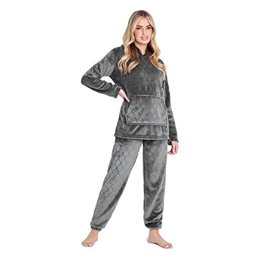 CityComfort pigiama donna invernale in pile morbido pigiama set caldo pesante pigiami con cappuccio s-xl (grigio scuro, s)