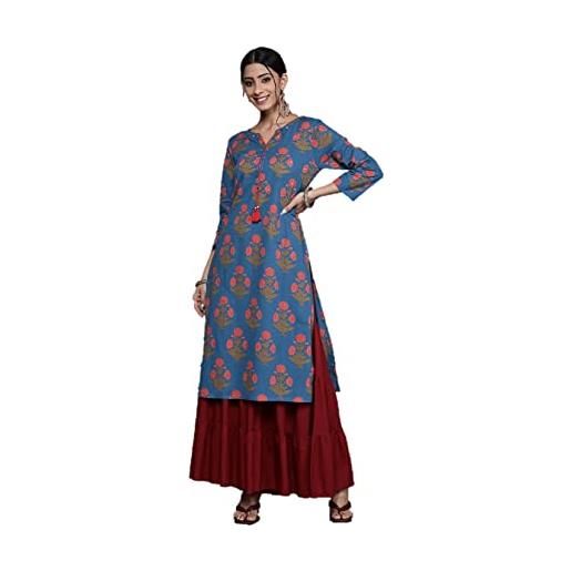 Vastraghar kurta da donna indiana tunica top abiti lunghi anarkali kurtis per le donne partito usura, blu foglia di tè e oro, large