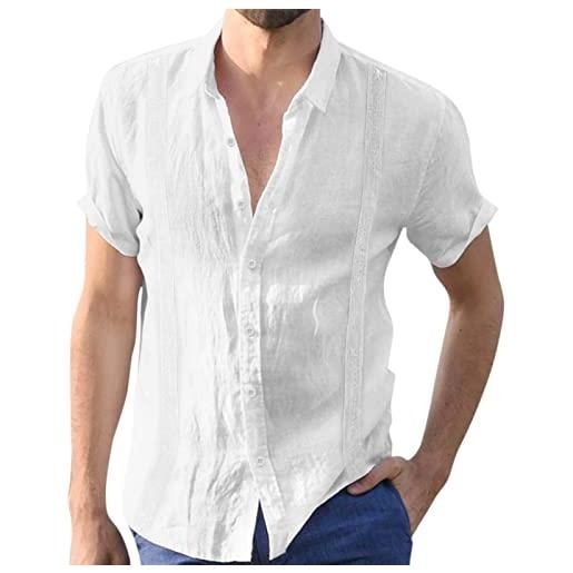 Generic camicie a maniche camicie da uomo a maniche corte con ricamo a risvolto casual con bordo colletto casual camicia fuori pantaloni (white, m)