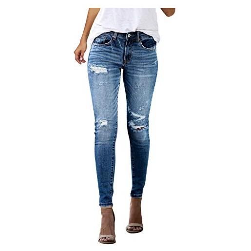Generic jeans da donna a vita media foro magro denim elasticizzato bottone slim pantaloni con cappuccio ragazza 140, blu, s