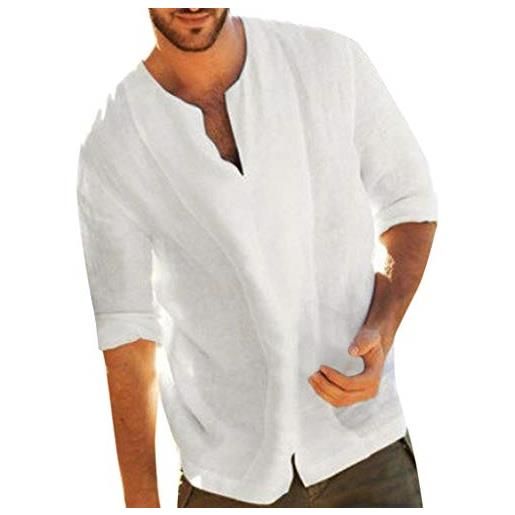Xmiral camicia uomo, manica corta, slim fit, t-shirt formale per uomo cotone e lino manica da sette quarti m bianca