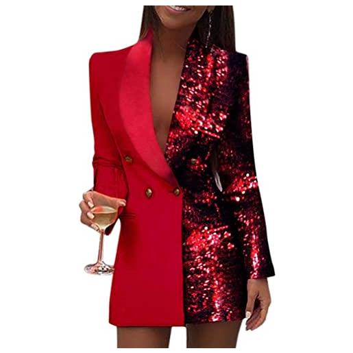 Minetom vestiti donna partito cocktail abiti paillettes mini abito manica lunga paillettes lustrini brillante mini vestito scollo a v vestitini blazer rosso 48