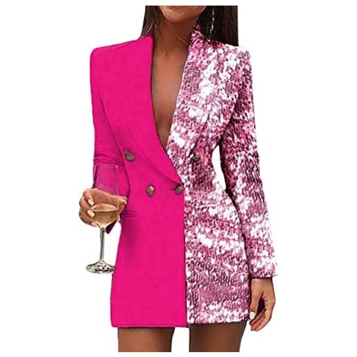 Minetom vestiti donna elegante partito cocktail abiti paillettes mini abito manica lunga paillettes lustrini brillante mini vestito scollo a v vestitini blazer rosa 46