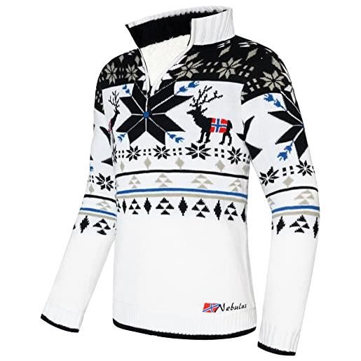 Nebulus maglione da uomo fria, caldo maglione a maglia con pelliccia sintetica e colletto alto, con chiusura lampo, look norvegese, bianco-nero, xl