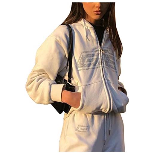 Beauace felpa con zip y2k stampata e cardigan con strass giacca sportiva oversize felpa da strada a maniche lunghe da donna (marrone b, s)