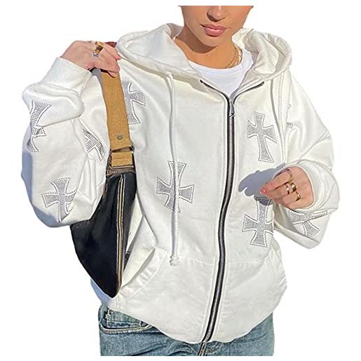 Beauace felpa con zip y2k stampata e cardigan con strass giacca sportiva oversize felpa da strada a maniche lunghe da donna (bianco a, s)