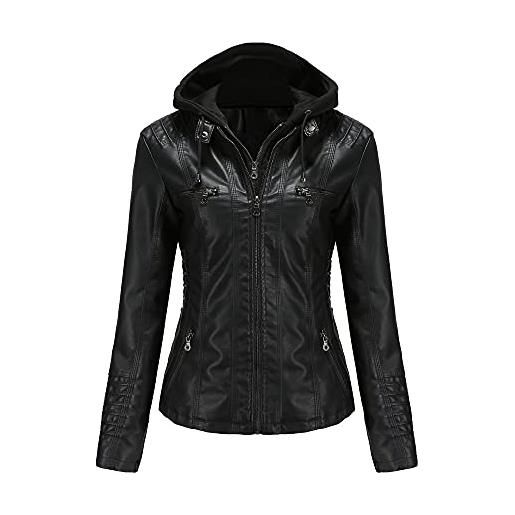 JMKEY giacca da moto in ecopelle pu da donna con cerniera a maniche lunghe slim rimovibile giacche in pelle con cappuccio, stile 2, m
