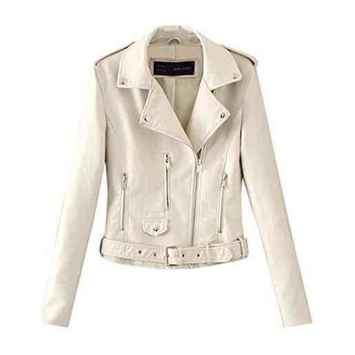 Xmiral top donna giacca da bavero giacca a motore cappotto zip biker short punk cropped (l, bianca)