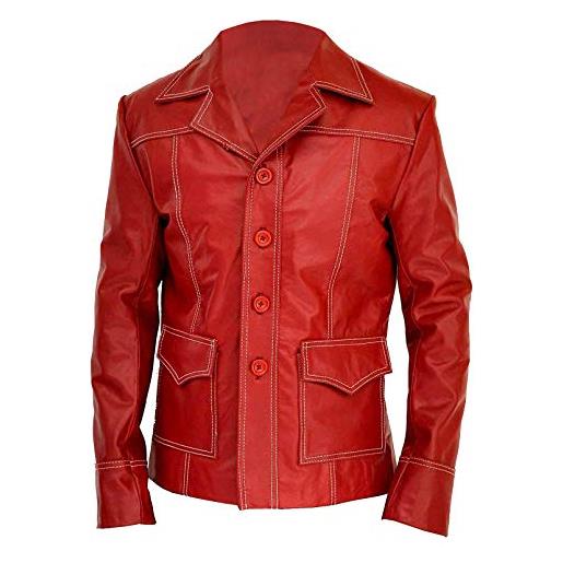 Fashion_First brad pitt fight club tyler durden giacca in ecopelle rossa da uomo giacca da moto in pelle rossa giacca da motociclista cappotto di media lunghezza, rosso, s