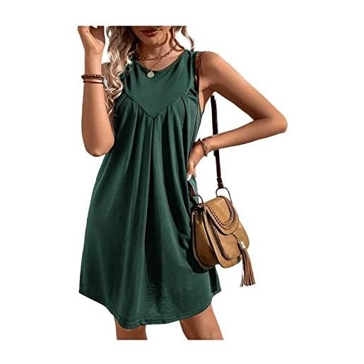 UOXOO vestito estivo da donna in tinta unita senza maniche estivo, mini prendisole increspato con scollo rotondo in tinta unita (color: ink green, size: l)