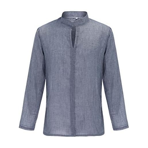 Xmiral camicetta top camicie t-shirt uomo camicetta a maniche lunghe in canapa di lino casual top (xxl, blu)