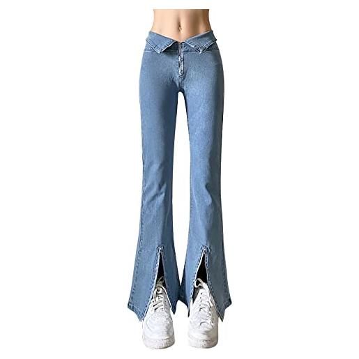 Xmiral jeans a vita alta da donna pantaloni larghi in denim con risvolto vita a forma di v apertura leggermente svasata pantaloni a zampa d'elefante pannello pantaloni jeans taglia m