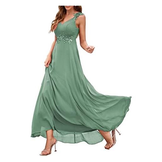 HPPEE abiti da damigella d'onore chiffon pizzo applique profondo scollo a v piano lunghezza scorre cameriera d'onore abiti con tasche fessura, verde salvia, 42