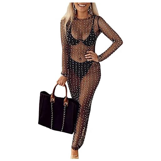 Chloefairy vestito da donna in rete con strass e perle, sexy, trasparente, copricostume da bagno, costume da bagno, nero, s