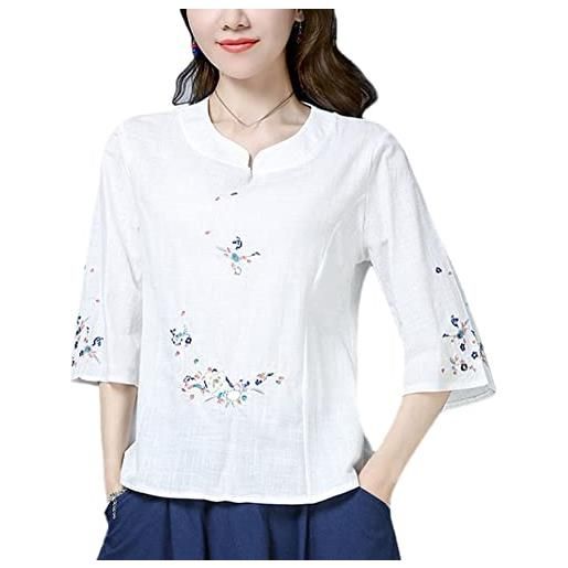 YM YOUMU donne tacca collo cinese floreale camicetta top 3/4 flare maniche pelpum qipao camicia, bianco, large petite