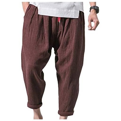 Huixin pantaloni da uomo alla moda pantaloni di skinny lino allentati pantaloni casuali della vita elastica d'epoca pantaloni di sport dei pantaloni estivi miscela harem pants (color: braun, size: l)