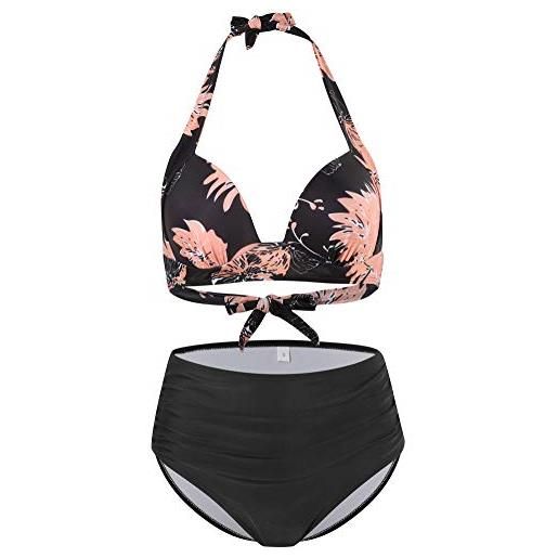 FLYILY costume da bagno da donna a vita alta bikini imbottito da spiaggia costume da bagno(black. Flower, xl)