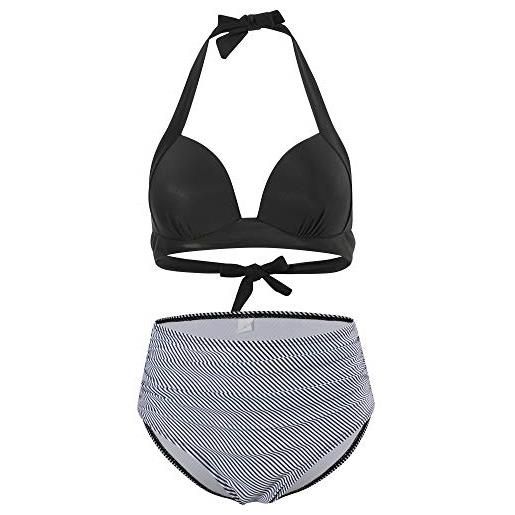 FLYILY costume da bagno da donna a vita alta bikini imbottito da spiaggia costume da bagno(black. Stripe, l)