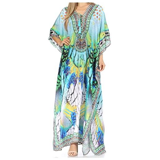 Sakkas ss1641 kf28035a - long. Kaftan georgettina ligthweight stampato lungo caftano dress/cover up - turchese verde/multi -os