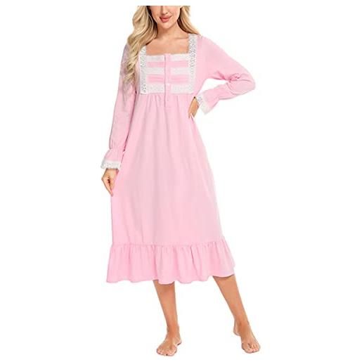 ACMEDE elegante camicia da notte da donna in 95% cotone e 5% spandex, lungo camicia da notte scollo quadrato loungewear morbido casa vestito da sonno a manica lunga per donne, s-xxl (l, rosa)