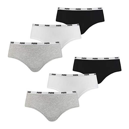 PUMA, 6 mutande hipster, intimo da donna, in confezione risparmio (2 x 3), bianco/grigio/nero, s