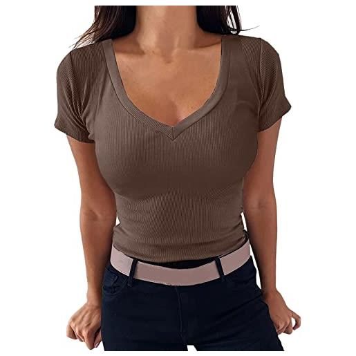 Xmiral maglietta da donna con scollo a v camicia a maniche corte attillata a coste camicetta basic in maglia camicetta taglia (xl, marrone)
