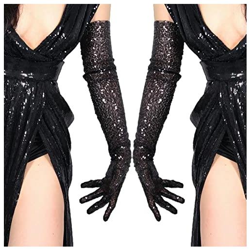 DooWay guanti da donna super lunghi lucidi trasparenti tech maglia nera bling paillettes costume sera danza guanti, paillettes nere. , m