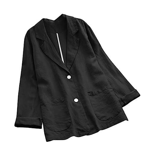 Generic giacca da donna retrò estate ol cotone lino giacca casual tinta unita bavero pulsante oversize giacca, nero , s