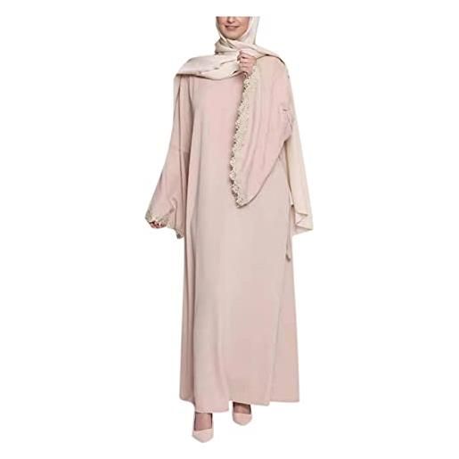 Generic abito musulmano da donna casual solido pizzo cuciture manica svasata abaya islamico araba caftano con cintura abiti casual estivi musulmano abaya abito formale elegante, beige, l