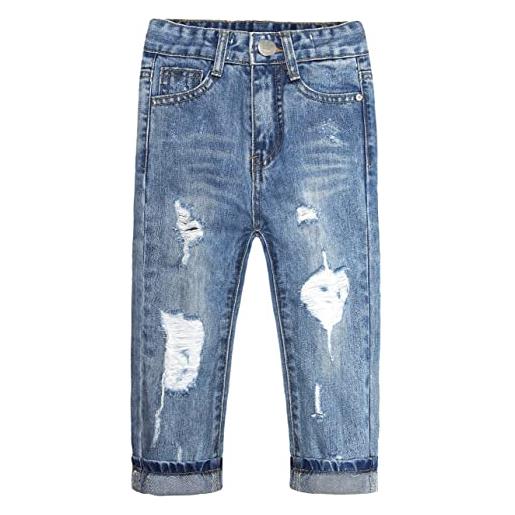 KIDSCOOL SPACE jeans slim da bambina, pantaloni in denim morbido con buco strappato lavato, blu, 4-5 anni