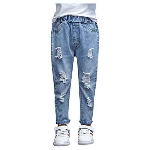 KIDSCOOL SPACE jeans slim da bambina, pantaloni in denim morbido con buco strappato lavato, blu, 7-8 anni