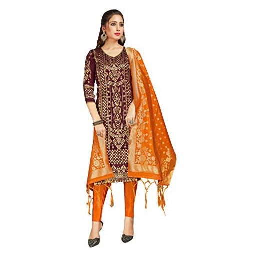 STYLE INSTANT vestito da donna indiano pakistano pronto per banarasi arte seta tessuto salwar kameez seta dupatta cucito tuta, vino, m