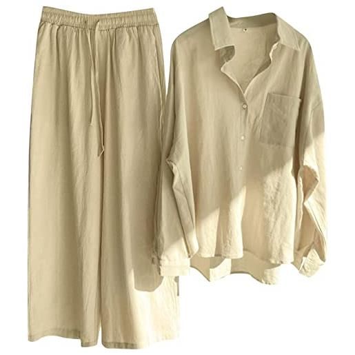 LTLCLZ pigiama da donna casual in cotone e lino, camicia a bottone, pigiama alto in due pezzi, set a vita lungo caldo, grigio. , xxl