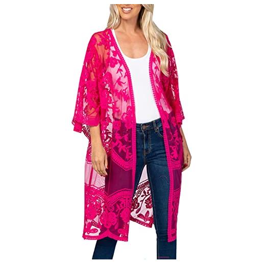 YOUKD cardigan da donna in pizzo trasparente abito boho lungo kimono spiaggia costume da bagno coprire abiti, b verde scuro. Etichettalia unica